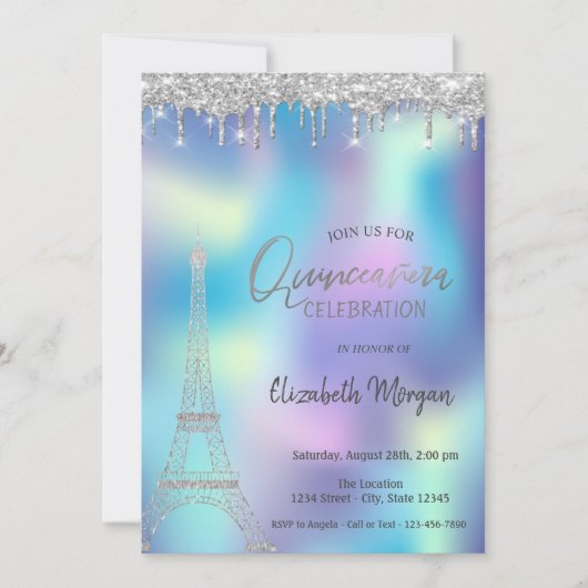 Glitzer Drops Eiffelturm Holographic Quinceanera Einladung (Vorderseite)