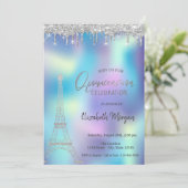 Glitzer Drops Eiffelturm Holographic Quinceanera Einladung (Stehend Vorderseite)