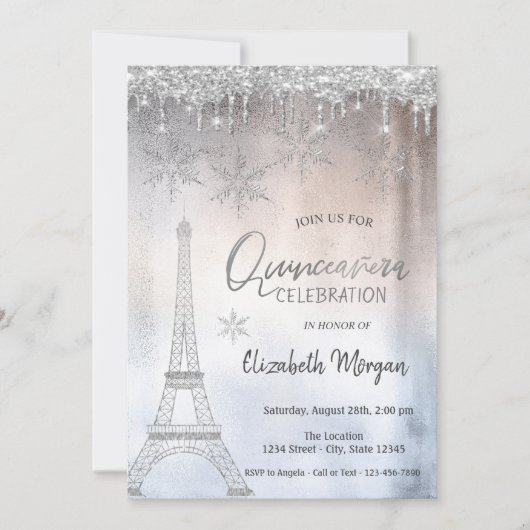 Glitzer Drops Eiffelturm Schneeflocken Quinceañera Einladung (Vorderseite)