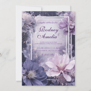 Glitzer Dunkle Blumen Mauve Periwinkle Hochzeit Einladung