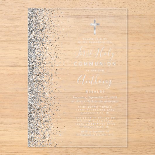 Glitzer Edge Silver Text First Heilige Kommune Acryleinladungen (Vorderseite)