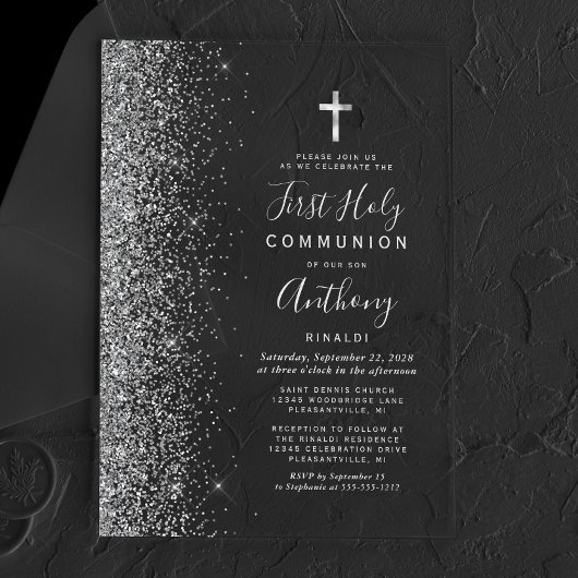 Glitzer Edge Silver Text First Heilige Kommune Acryleinladungen