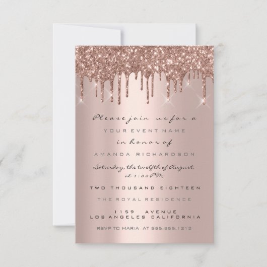 Glitzer Effect Tropfen Rose Gold Bridal Sweet 16. Einladung (Vorderseite)