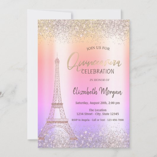 Glitzer Eiffel Confetti Ombre Quinceañera Einladung (Vorderseite)