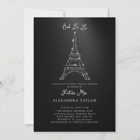 Glitzer Eiffel Paris Minimal Schwarzes Brautparty Einladung (Vorderseite)