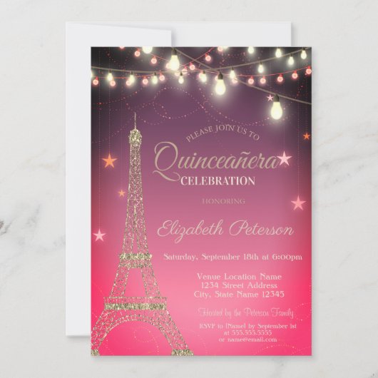 Glitzer Eiffel Tower, Lights Ombre Quinceañera Einladung (Vorderseite)