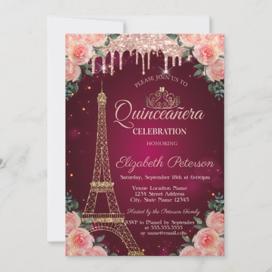 Glitzer Eiffel Tower Tropfen Floral Quinceañera Einladung (Vorderseite)