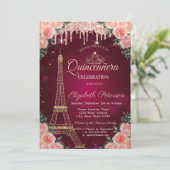 Glitzer Eiffel Tower Tropfen Floral Quinceañera Einladung (Stehend Vorderseite)