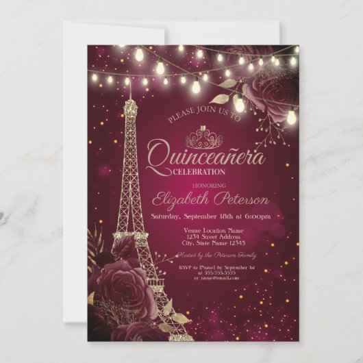 Glitzer Eiffelturm, Burgund Rose Quinceañera Einladung (Vorderseite)