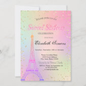 Glitzer Eiffelturm Diamonds Holographic Sweet 16 Einladung (Vorderseite)