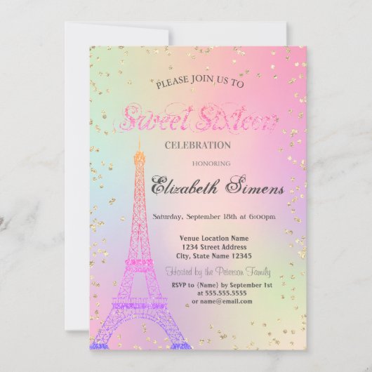 Glitzer Eiffelturm Diamonds Holographic Sweet 16 Einladung (Vorderseite)