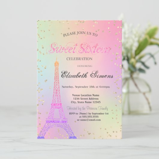 Glitzer Eiffelturm Diamonds Holographic Sweet 16 Einladung (Stehend Vorderseite)