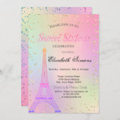 Glitzer Eiffelturm Diamonds Holographic Sweet 16 Einladung (Vorne/Hinten)