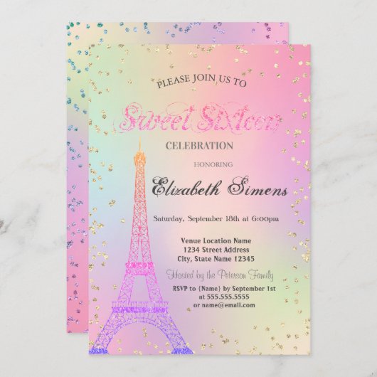 Glitzer Eiffelturm Diamonds Holographic Sweet 16 Einladung (Vorne/Hinten)
