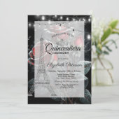Glitzer Eiffelturm, dunkle Rose fallen Quinceañera Einladung (Stehend Vorderseite)