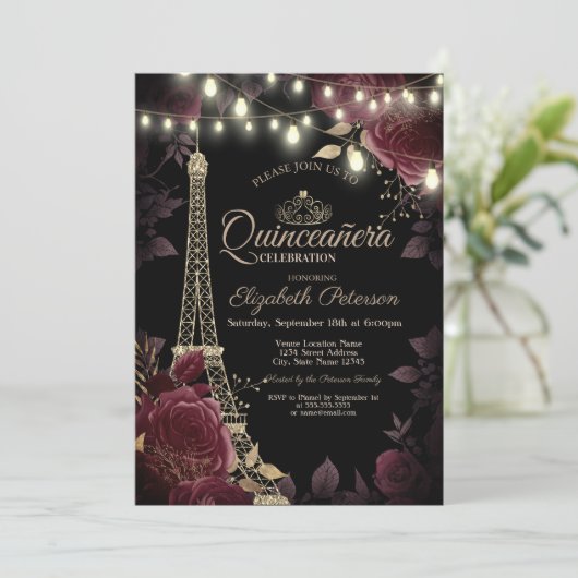 Glitzer Eiffelturm, Dunkle Rose Quinceañera Einladung (Stehend Vorderseite)