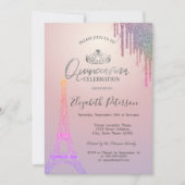 Glitzer Eiffelturm, farbenfrohe Tropfen Quinceañer Einladung (Vorderseite)