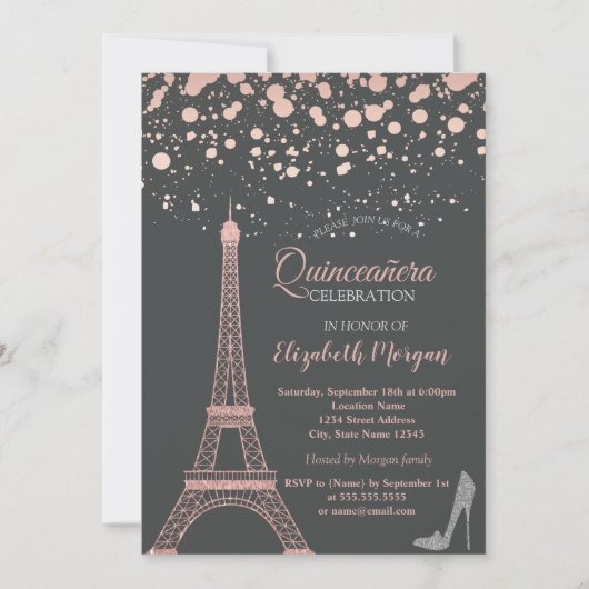 Glitzer Eiffelturm, Heelses Dots Quinceañera Einladung (Vorderseite)