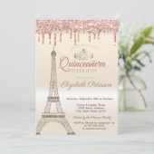 Glitzer Eiffelturm, Tiara, Tropfen Quinceañera Einladung (Stehend Vorderseite)
