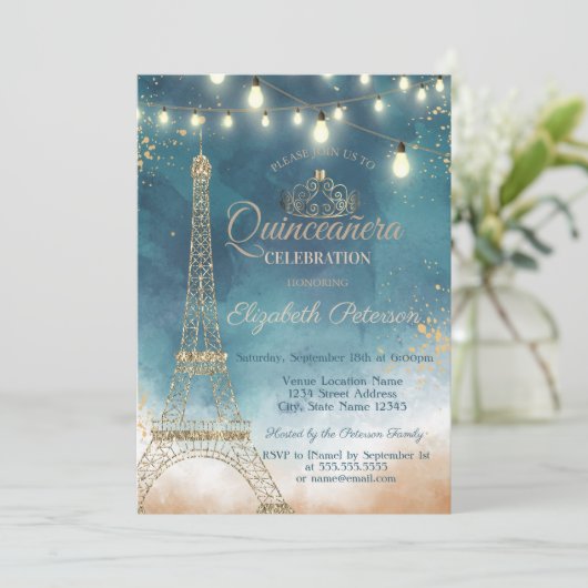 Glitzer Eiffelturm, Tiara Wasserfarbe Quinceañera Einladung (Stehend Vorderseite)