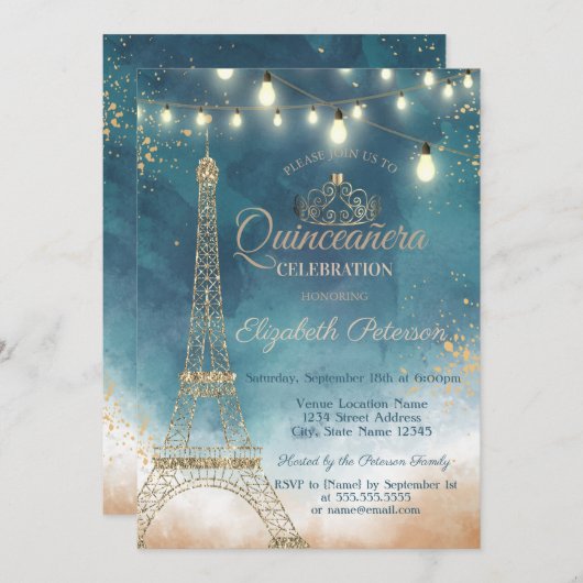 Glitzer Eiffelturm, Tiara Wasserfarbe Quinceañera Einladung (Vorne/Hinten)