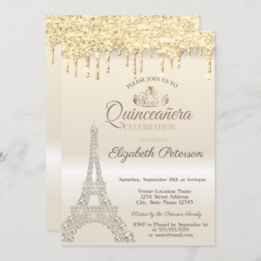 Glitzer Eiffelturm, Tropfen Gold Quinceañera Einladung (Vorne/Hinten)