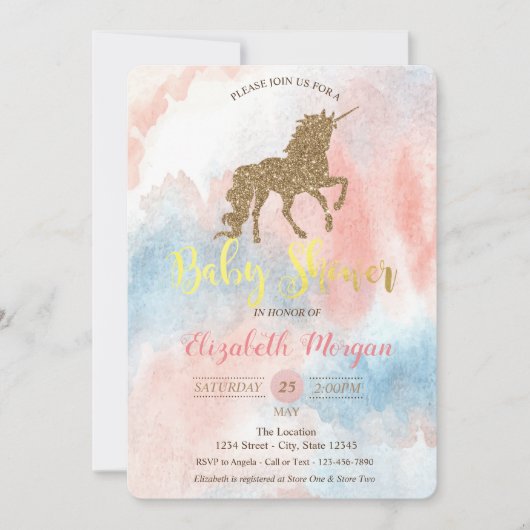 Glitzer Einhorn, Aquarelldusche Einladung (Vorderseite)