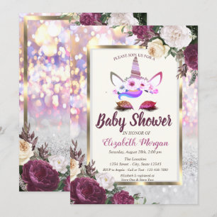Glitzer Einhorn, Burgunder Blumen Baby Shower Einladung
