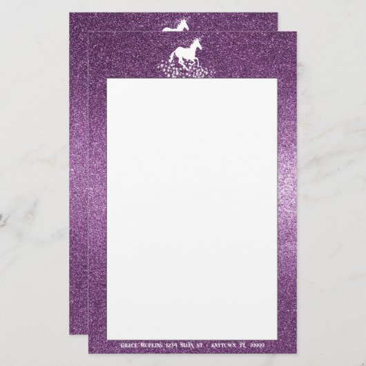 Glitzer Einhorn und Sterne | Magenta Stationery Briefpapier (Vorne/Hinten)