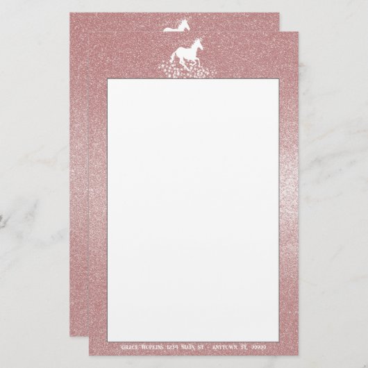 Glitzer Einhorn und Sterne | Pink Stationery Briefpapier (Vorne/Hinten)