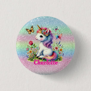 Glitzer Einhorn Wiese Wildblumen  Button