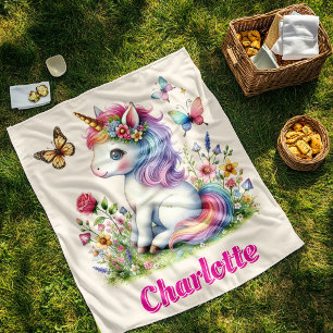 Glitzer Einhorn Wiese Wildblumen  Fleecedecke