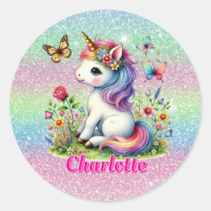 Glitzer Einhorn Wiese Wildblumen Runder Aufkleber