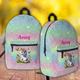 Glitzer Einhorn Wiesenblumen  Bedruckter Rucksack