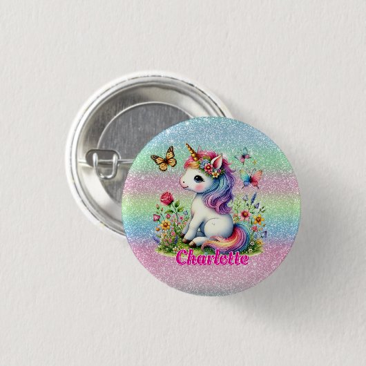 Glitzer Einhornwiese Wildblumen Button (Vorne & Hinten)