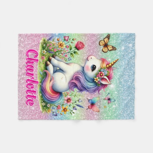 Glitzer Einhornwiese Wildblumen Fleecedecke (Vorderseite (Horizontal))
