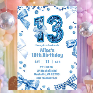 Glitzer Einladung 13. Mädchen-Geburtstag mit blaue