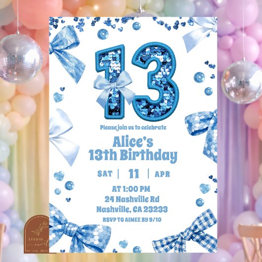 Glitzer Einladung 13. Mädchen-Geburtstag mit blaue