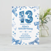 Glitzer Einladung 13. Mädchen-Geburtstag mit blaue (Stehend Vorderseite)