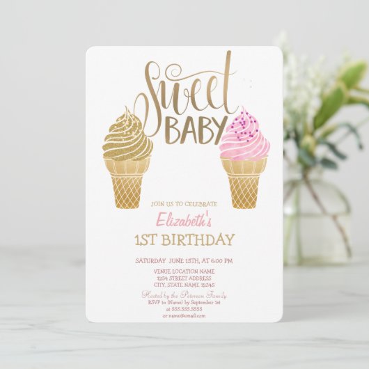 Glitzer Eiscreme Makaroons gestreift Geburtstag Einladung (Stehend Vorderseite)