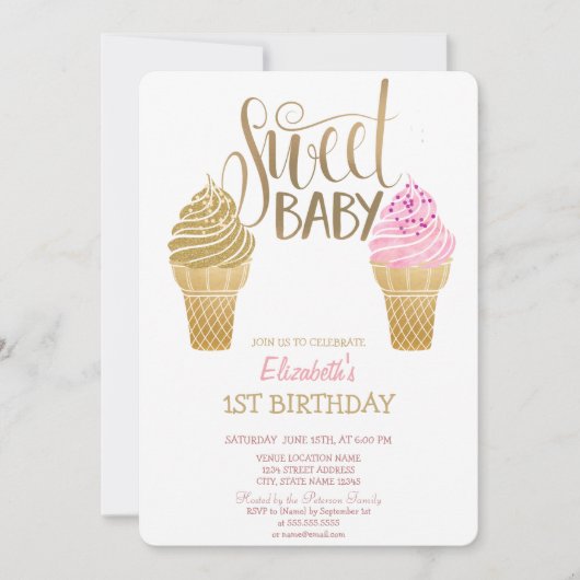 Glitzer Eiscreme Makaroons gestreift Geburtstag Einladung (Vorderseite)
