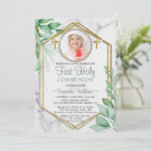 Glitzer Elegant Eukalyptus Foto Erste Kommune Einladung (Stehend Vorderseite)