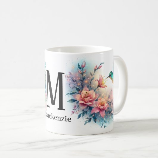 Glitzer Elegant Hummingbird Monogram Kaffeetasse (VorderseiteRechts)