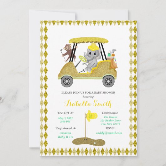 Glitzer Elephant & Monkey Golf Baby Dusche Einladung (Vorderseite)