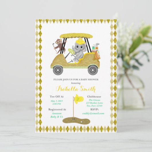 Glitzer Elephant & Monkey Golf Baby Dusche Einladung (Stehend Vorderseite)
