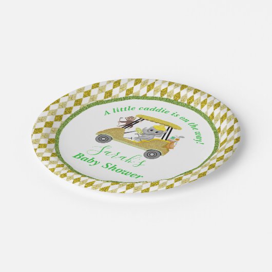 Glitzer Elephant & Monkey Golf Baby Dusche Rückfah Pappteller (Schrägansicht)