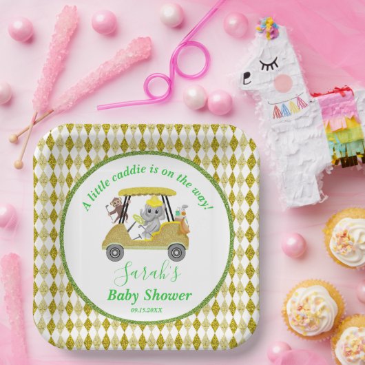 Glitzer Elephant & Monkey Golf Baby Dusche Rückfah Pappteller (Party)