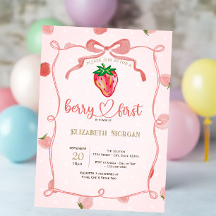 Glitzer Erdbeere Rahmen Rosa Karierte Babydusche Einladung
