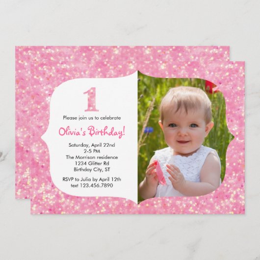 Glitzer Erster Geburtstag Einladung (Vorne/Hinten)