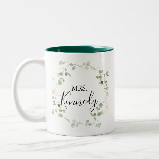 Glitzer Eucalyptus Foliage Frau Newlywed Bride Zweifarbige Tasse (Links)